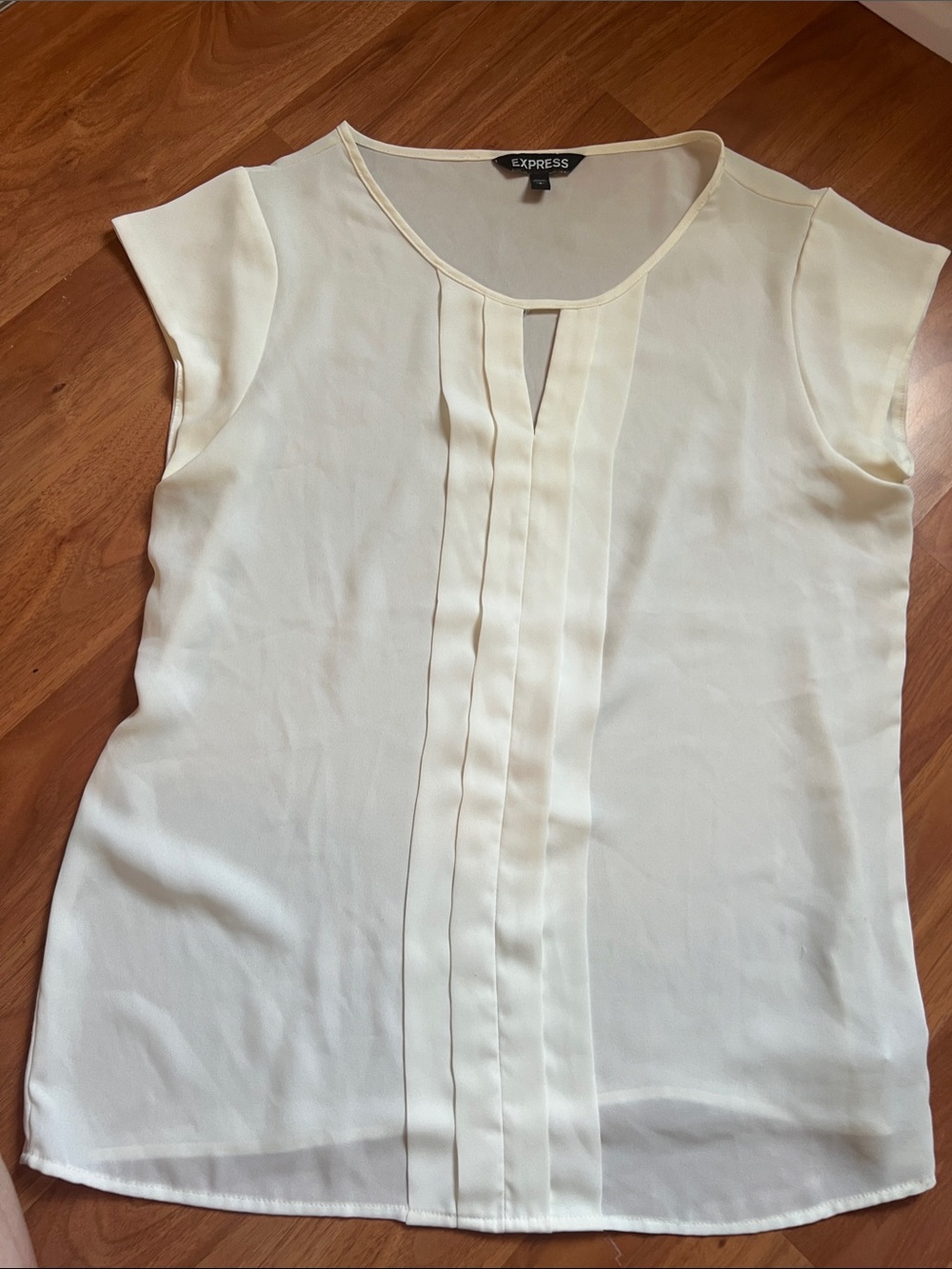 Express Cream Pleated Cap-Sleeve Blouse